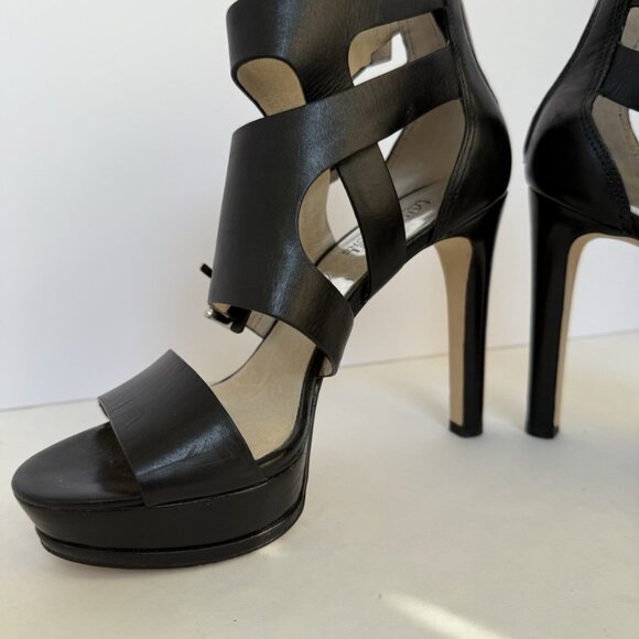 Michael Kors Lucinda Black Leather Zip Back Open Toe Heels Shoes - Picture 7 of 15